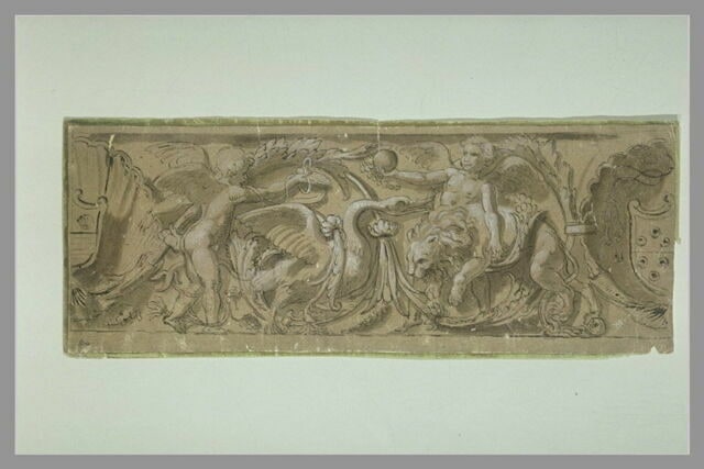 Détail d'une frise avec deux angelots jouant avec un cygne et un lion