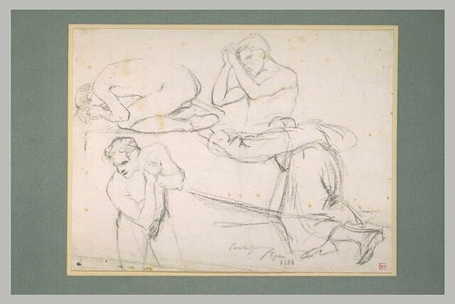 Hommes nus, et figure vêtue d'une robe