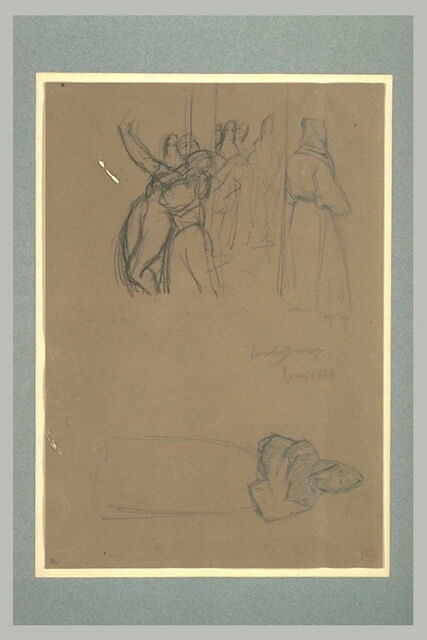 Femme soutenue par une autre femme, groupe de femmes, moine et pénitent