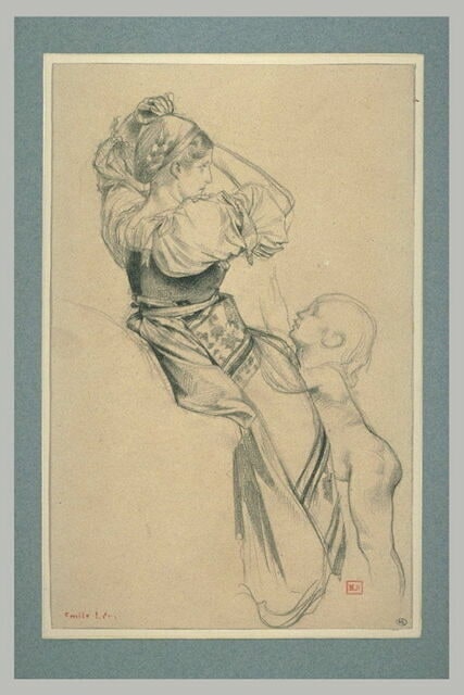 Paysanne italienne, assise, de profil à droite, avec un enfant