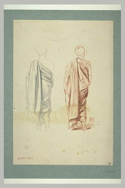 Deux hommes, debout, drapés dans des toges, de dos
