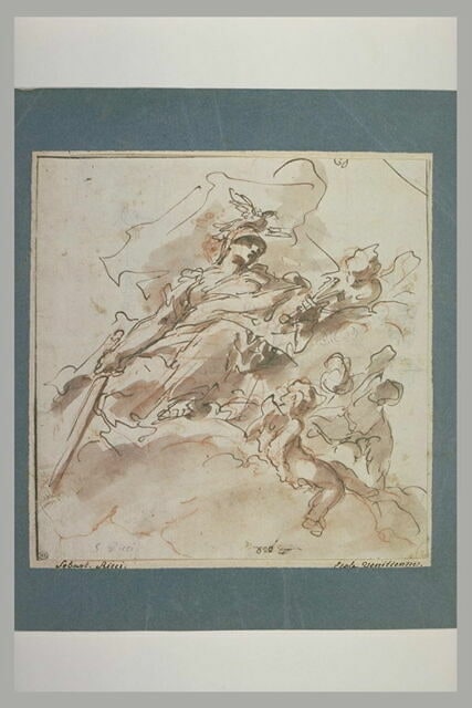 Mars sur des nuages, entouré d'anges