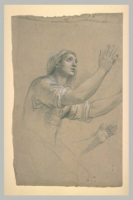 Femme à genoux, les deux bras levés