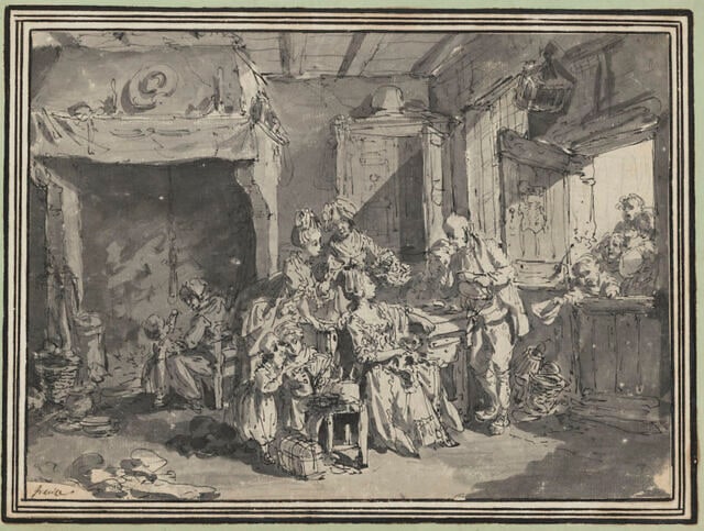 Visite de plusieurs dames et enfants chez des paysans