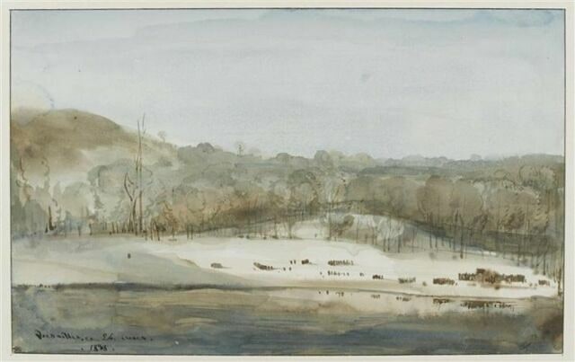 Parc de Versailles, vue de la pièce d'eau des Suisses, effet de neige, 1838