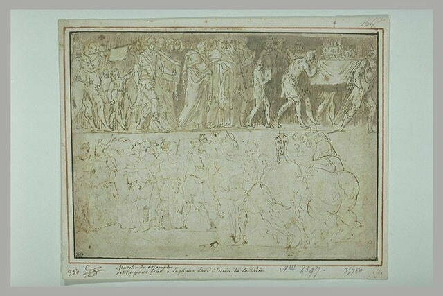 Deux frises : marche triomphale ; groupe de figures avec des chevaux