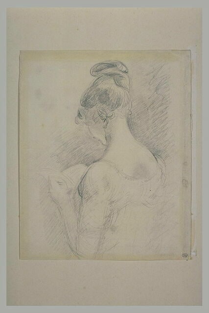 Buste de jeune fille, vue de dos, lisant