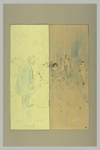 Un homme invitant une femme à danser ; un homme serrant une femme au bal
