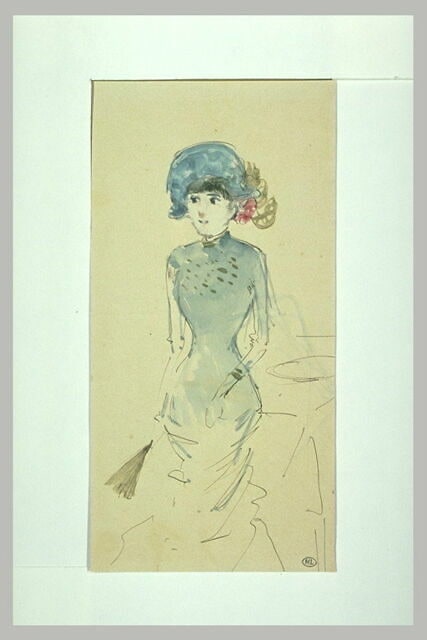 Jeune femme, debout, vue de face, vêtue de bleu