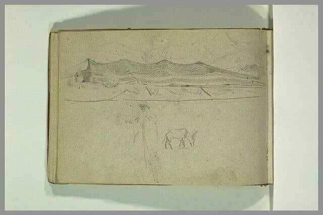 Paysage, et croquis d'un Arabe et d'un âne