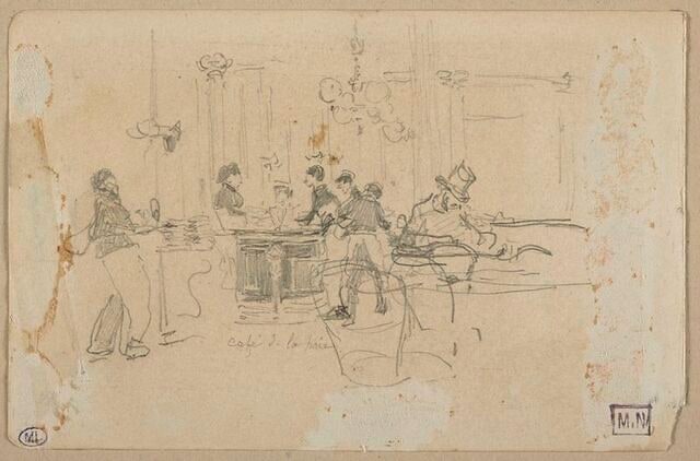Intérieur de café avec un homme assis à droite, et plusieurs serveurs