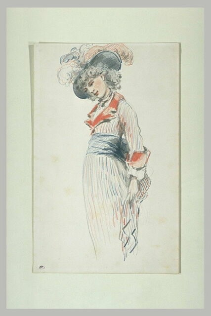Jeune femme vêtue d'une robe à raies tricolores, coiffée d'un chapeau