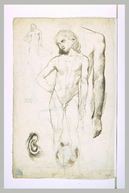 Etudes : jeune homme debout, une main sur la hanche; reprise ; bras; oreille