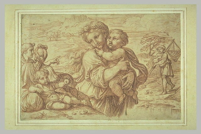 Femme tenant un enfant, un pêcheur et un groupe de trois figures