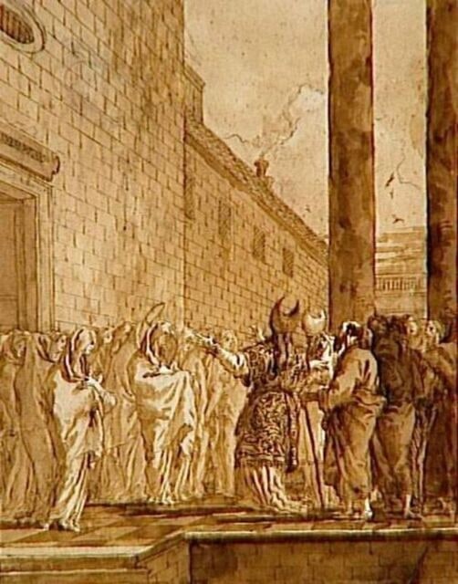 La Vierge entourée de saintes femmes sur le parvis d'un temple