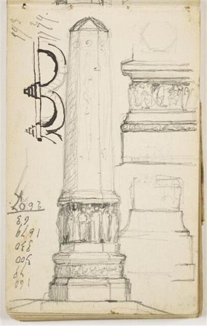 Etude pour le Monument au Travail : élévation de face d'une colonne de section héxagonale, avec relief ornant le socle et statues à la base de la colonne ; à droite, détail des moulures et du relief ; à gauche, croquis de deux arches