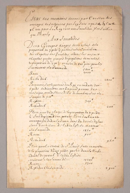 Mémoire de Guillaume Coustou sur le réglement des ouvrages de sculpture faits aux Invalides, à Versailles et à Marly