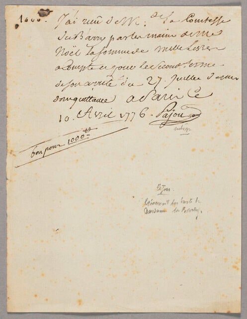 Reçu de paiement par Augustin Pajou, pour la somme due par la comtesse du Barry, pour son buste, 10 avril 1776, fait à Paris