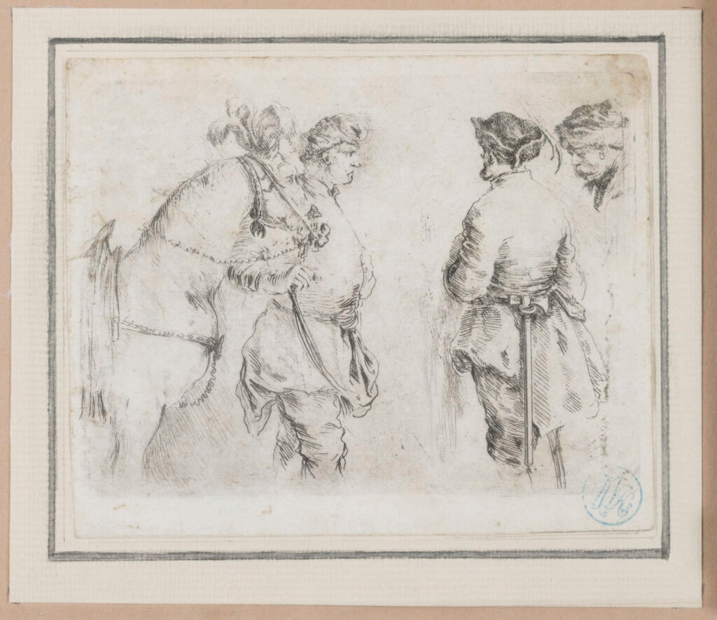 Stooge holding a horse and two other Poles