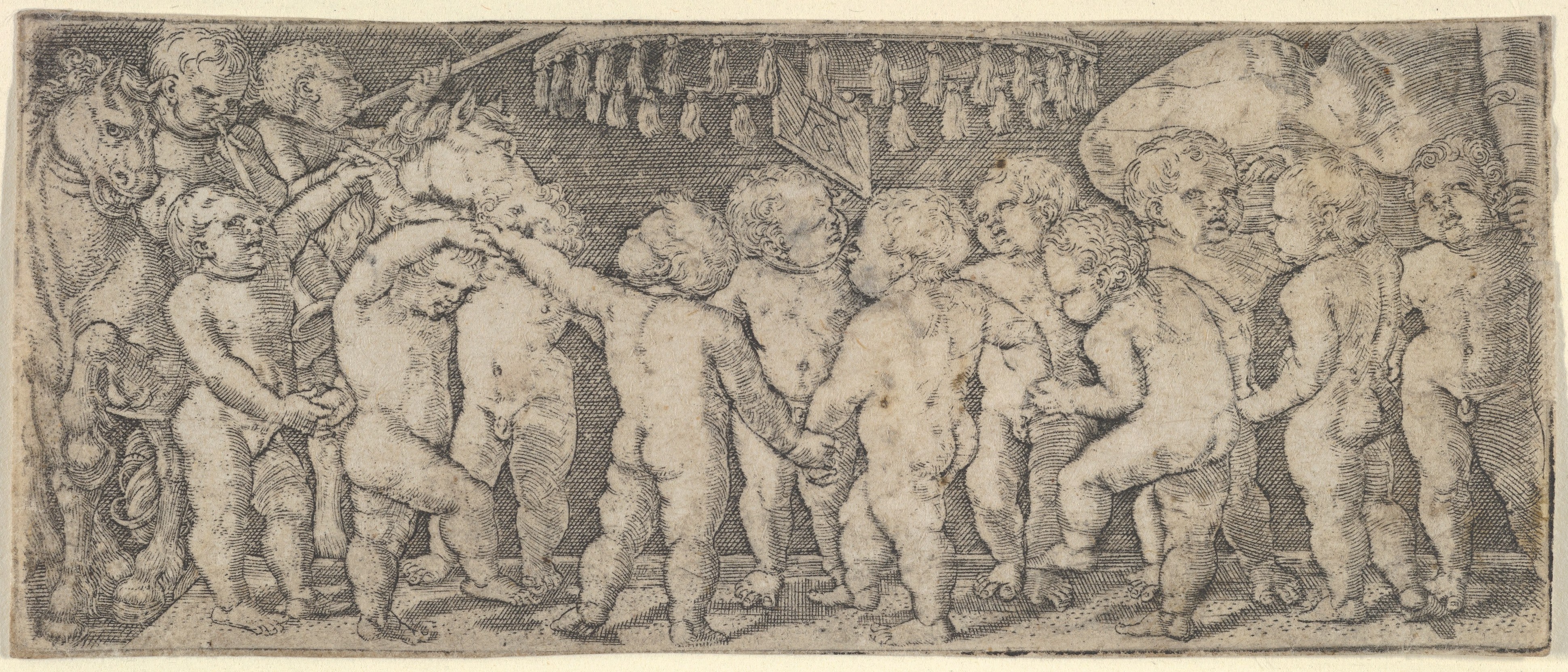 Nude Children Dancing Under a Canopy, with Two Horses on the Left and a Banner on the Right