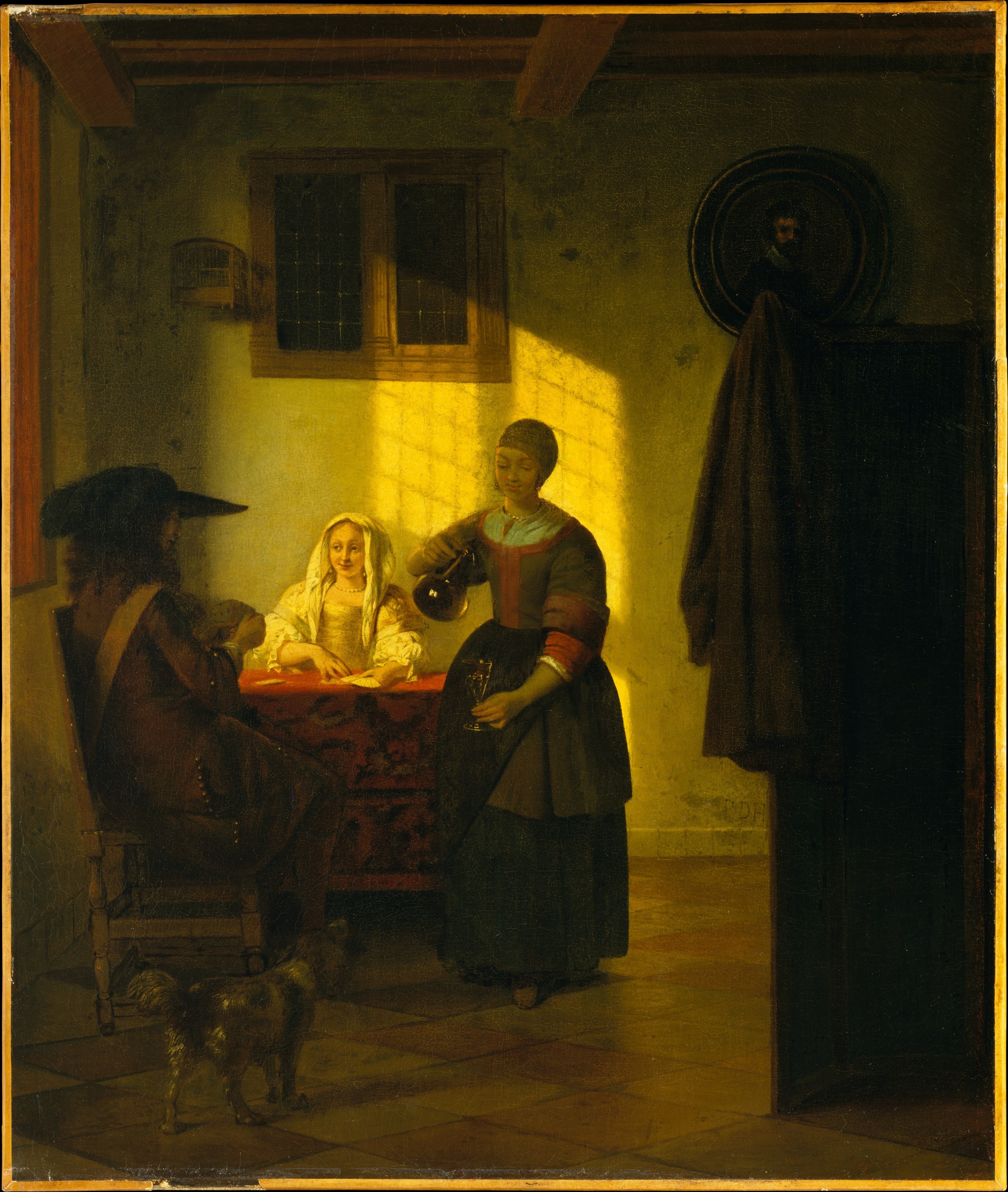 A Couple Playing Cards, with a Serving Woman