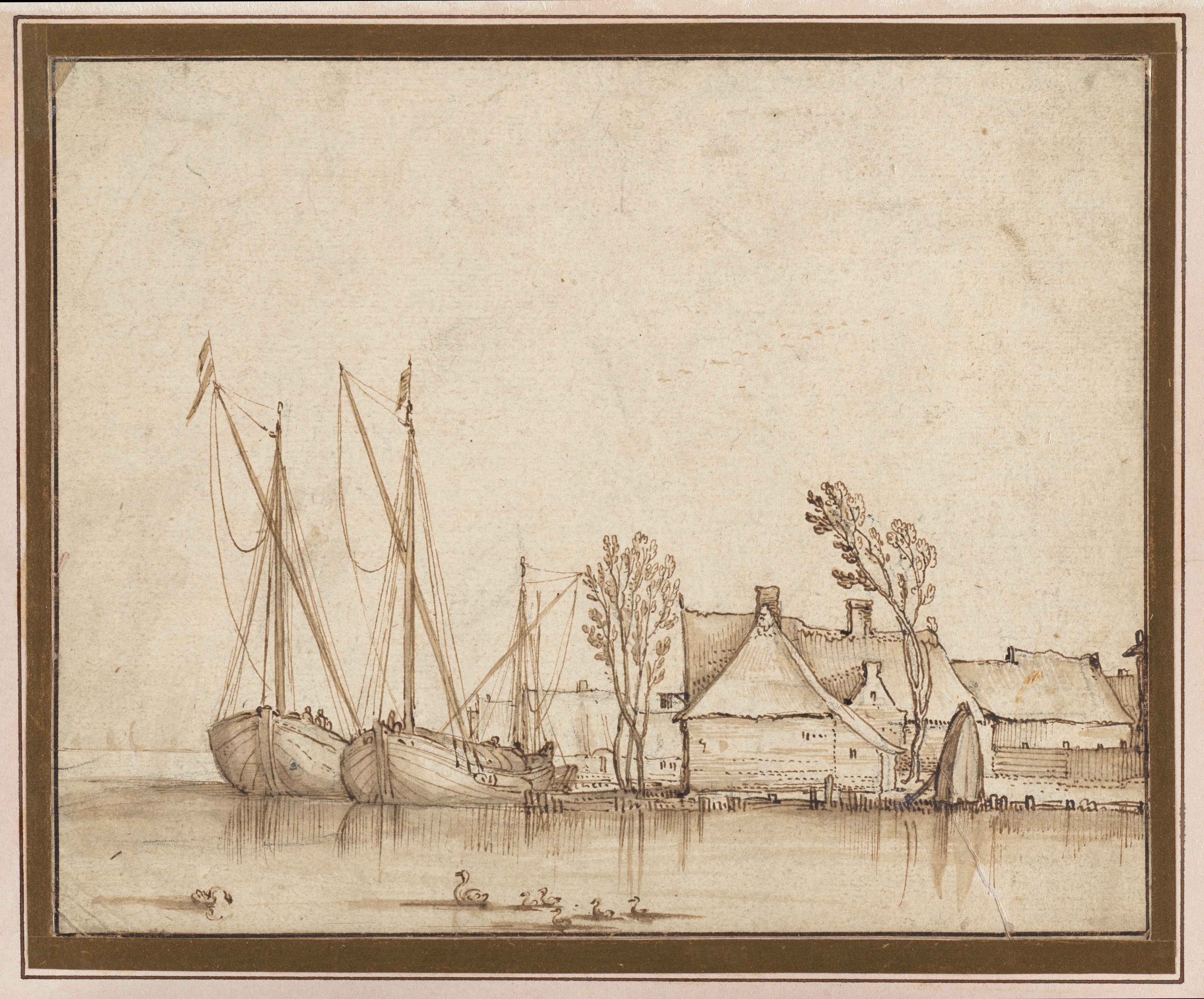 Barges Moored by Cottages