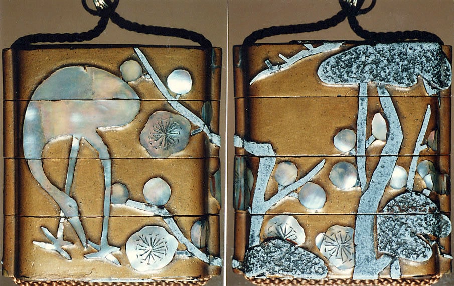 光琳様式　梅鶴蒔絵螺鈿印籠|Inrō with Crane and Plum Tree