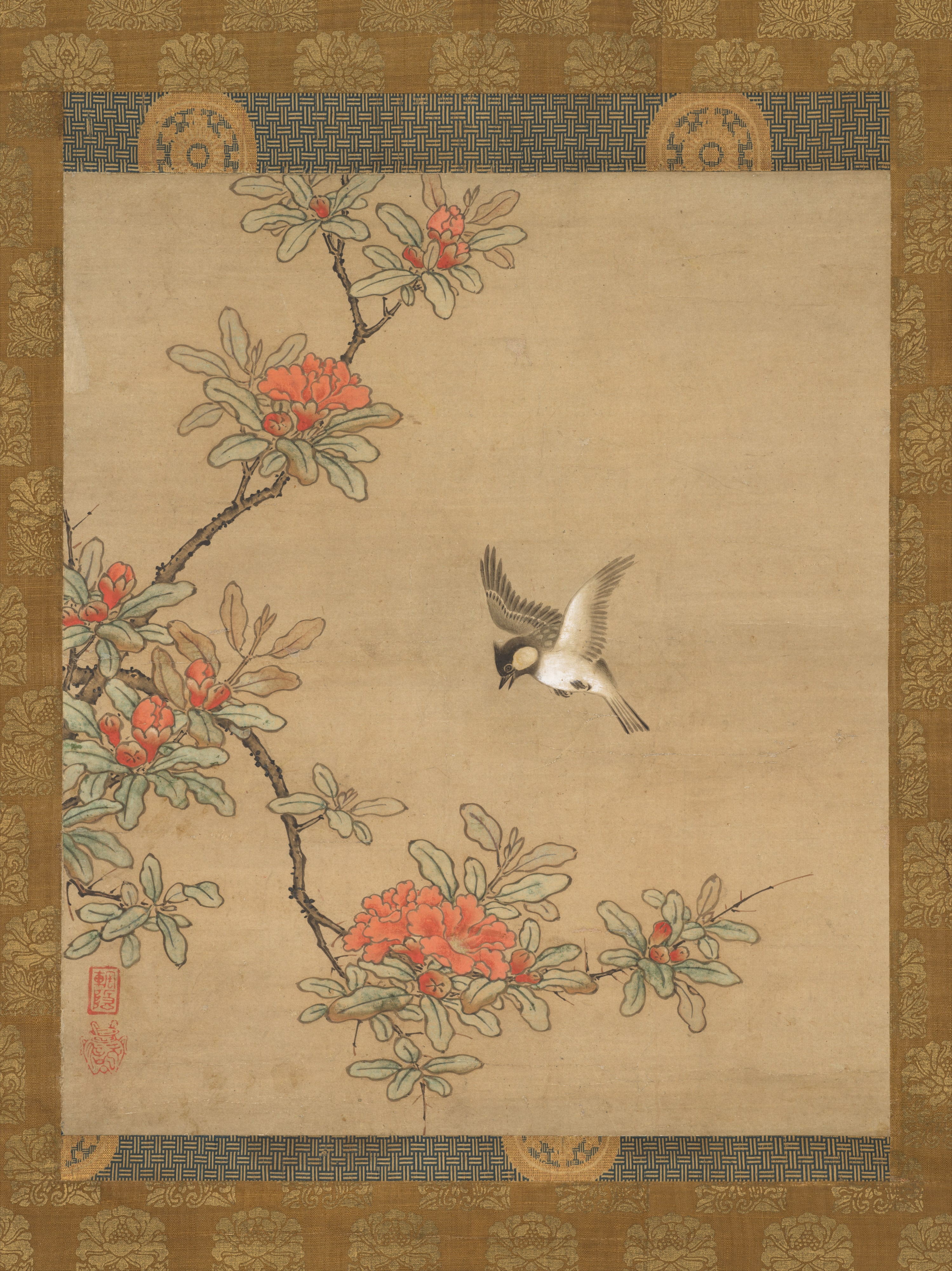 狩野之信筆  四十雀柘榴花図|Titmouse with Pomegranate Flowers