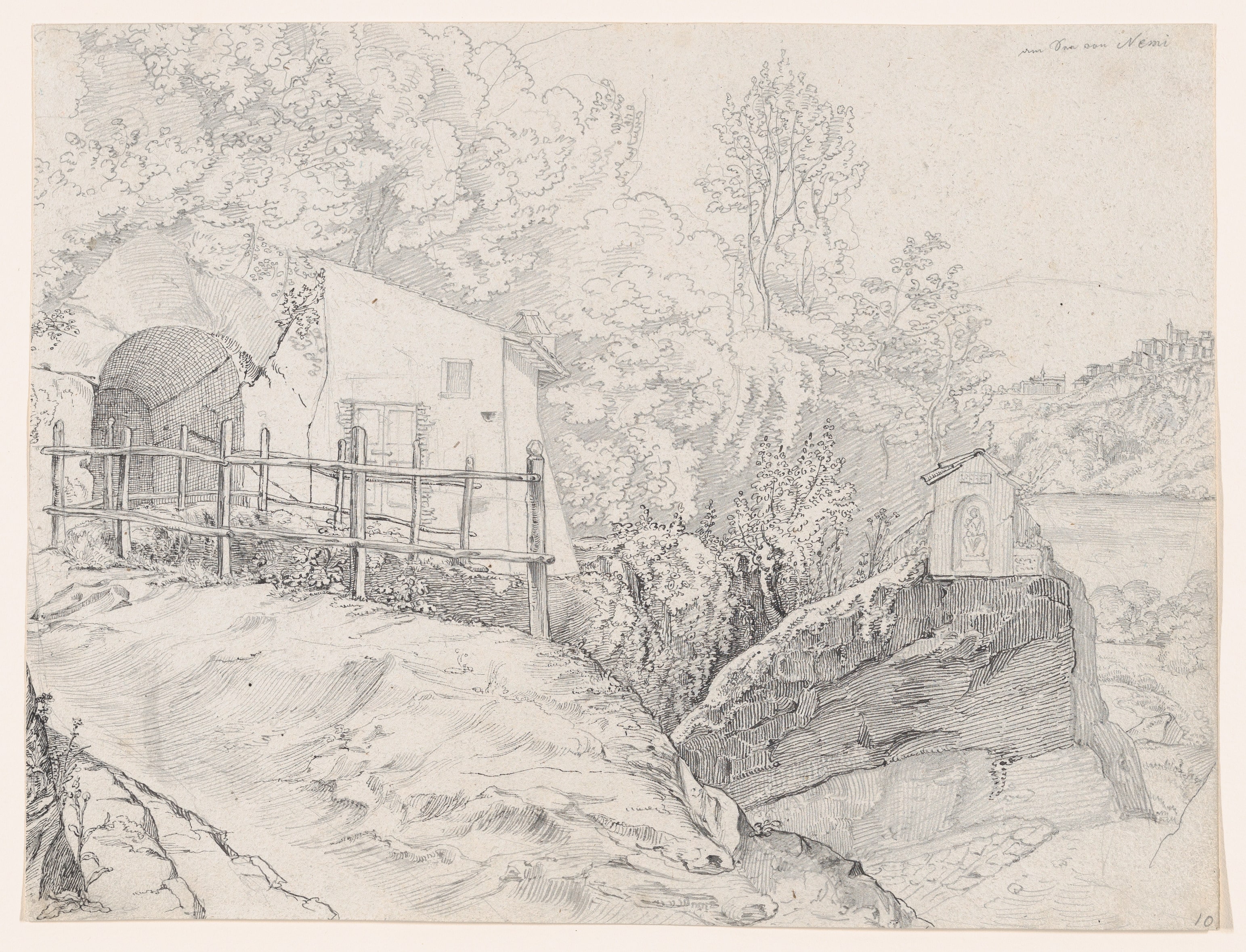 A House near a Grotto and a Roadside Chapel at Lake Nemi, with a View of Genzano from the North; verso: Sketch of Trees on the Border of a Lake, with Mountains in the Background