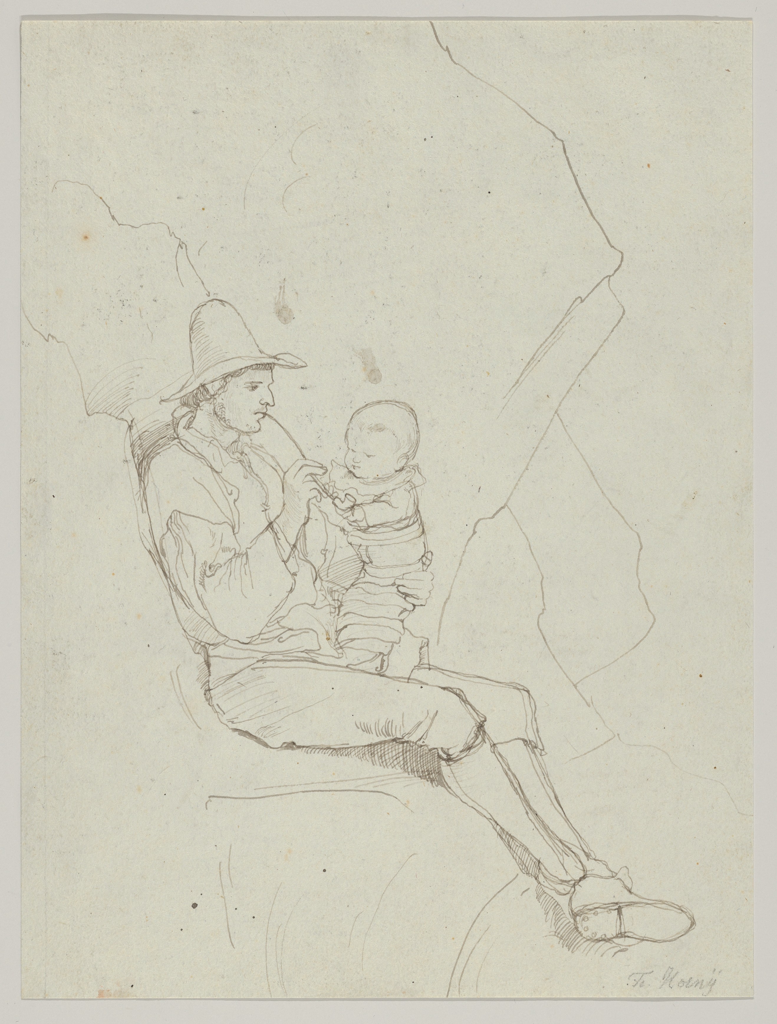 A Seated Italian Shepherd with a Small Child on his lap; verso: A Southern Landscape with a Woman Carrying a Jar on her Head