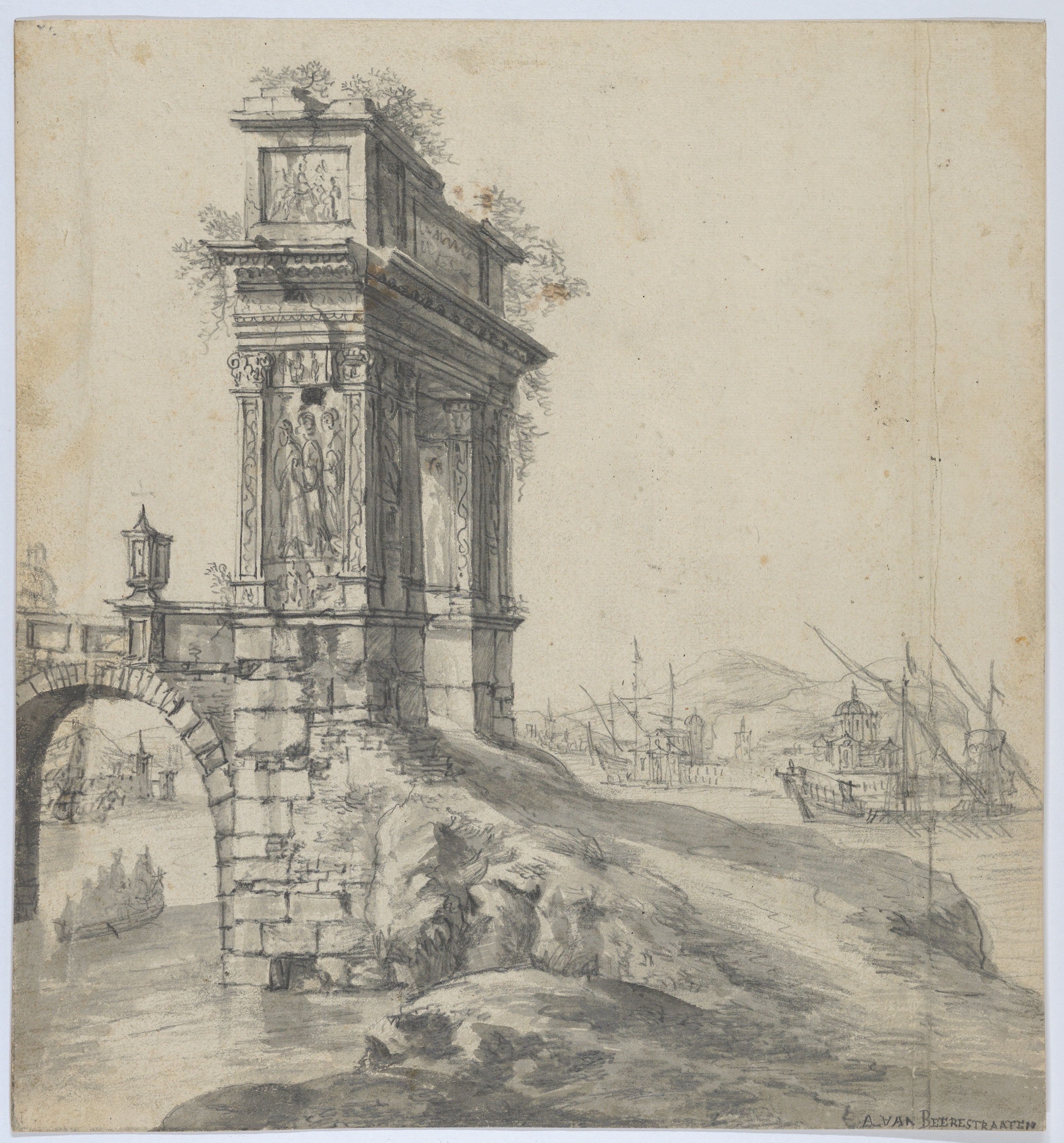 Capriccio of a Bridge with the Arcus Argentariorum by a Mediterranean Harbor