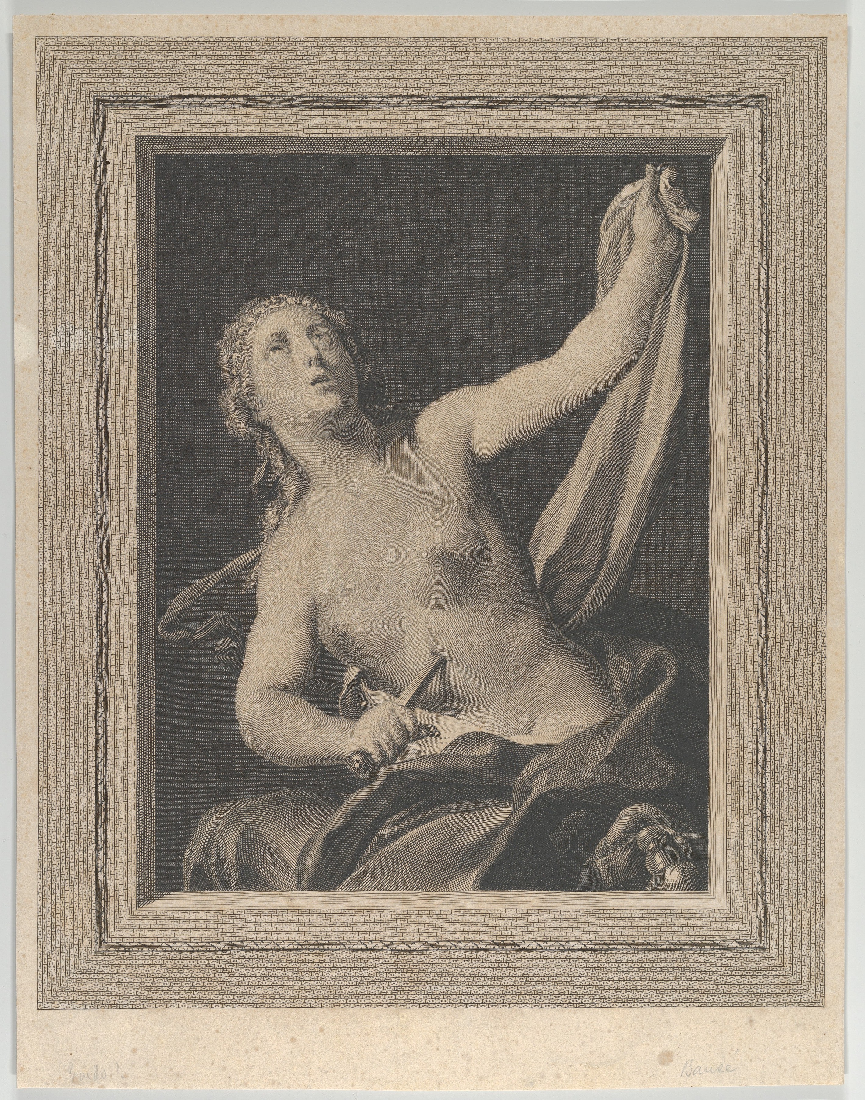 Lucretia seated, half naked, stabbing herself in the stomach with a dagger in her right hand and holding a cloth in her raised left hand, looking upwards, after Pellegrini?
