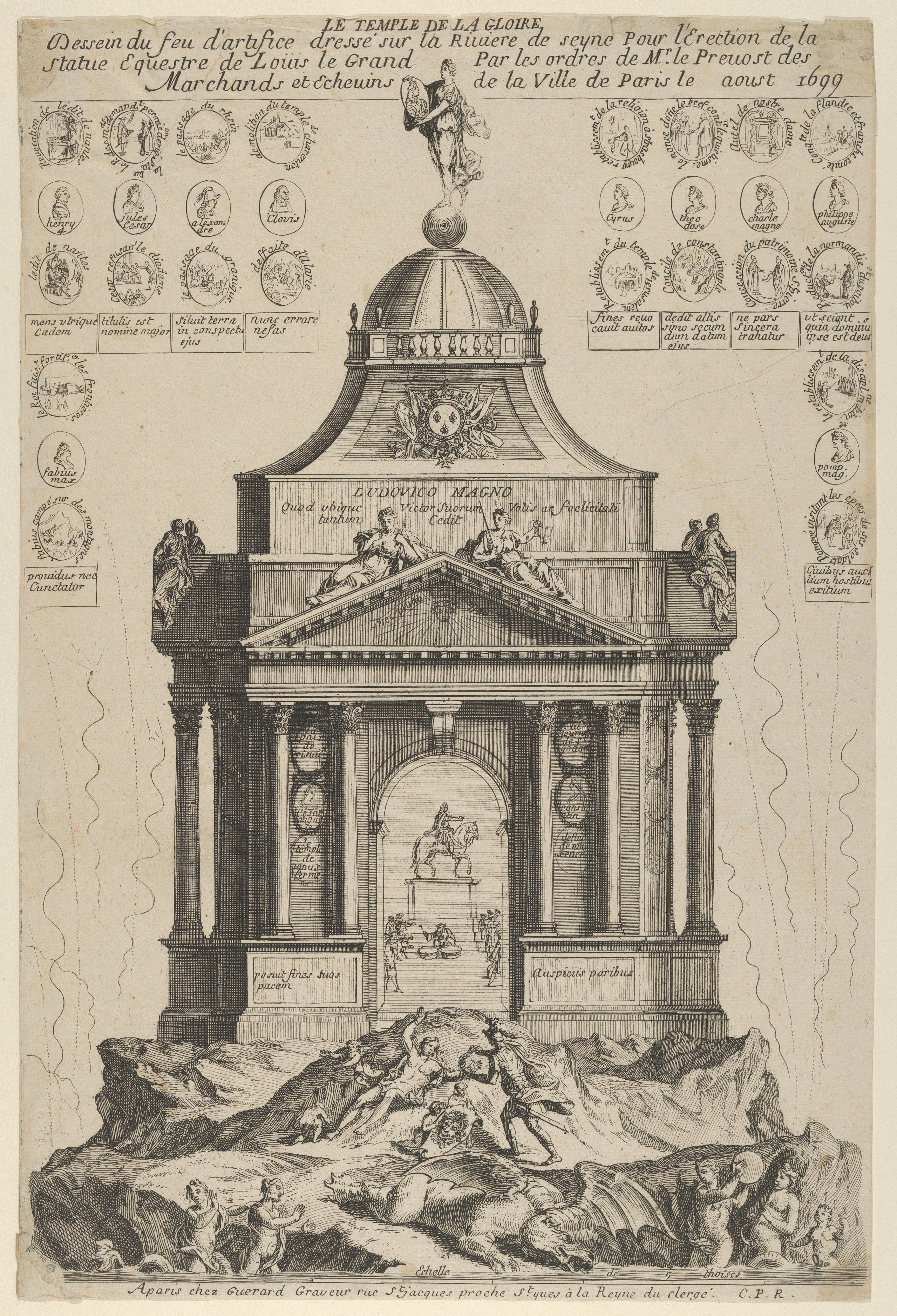 Fireworks celebrating the erection of the Temple of Glory and equestrian statue of Louis le Grand, Paris 1699