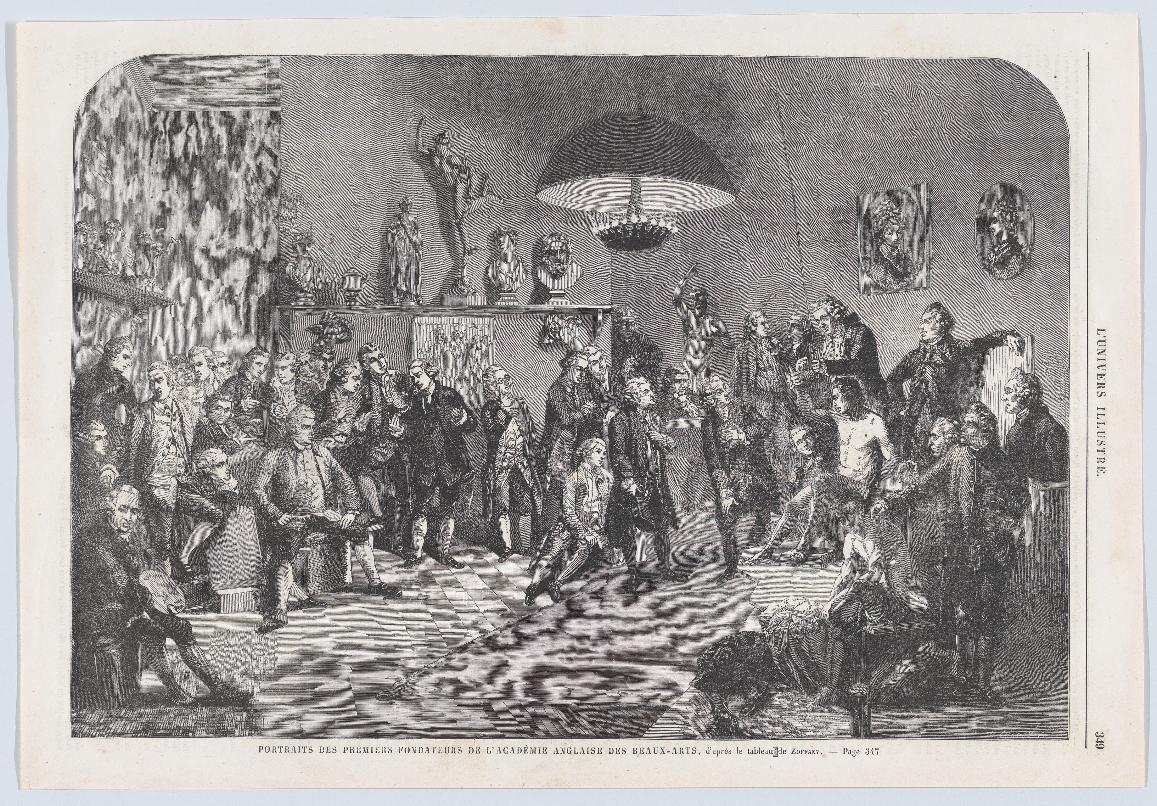 Portraits des premiers fondateurs de l'Académie Anglaise des Beaux-Arts (Portraits of the founding members of the Royal Academy of Arts, London), from "L'Univers Illustré"