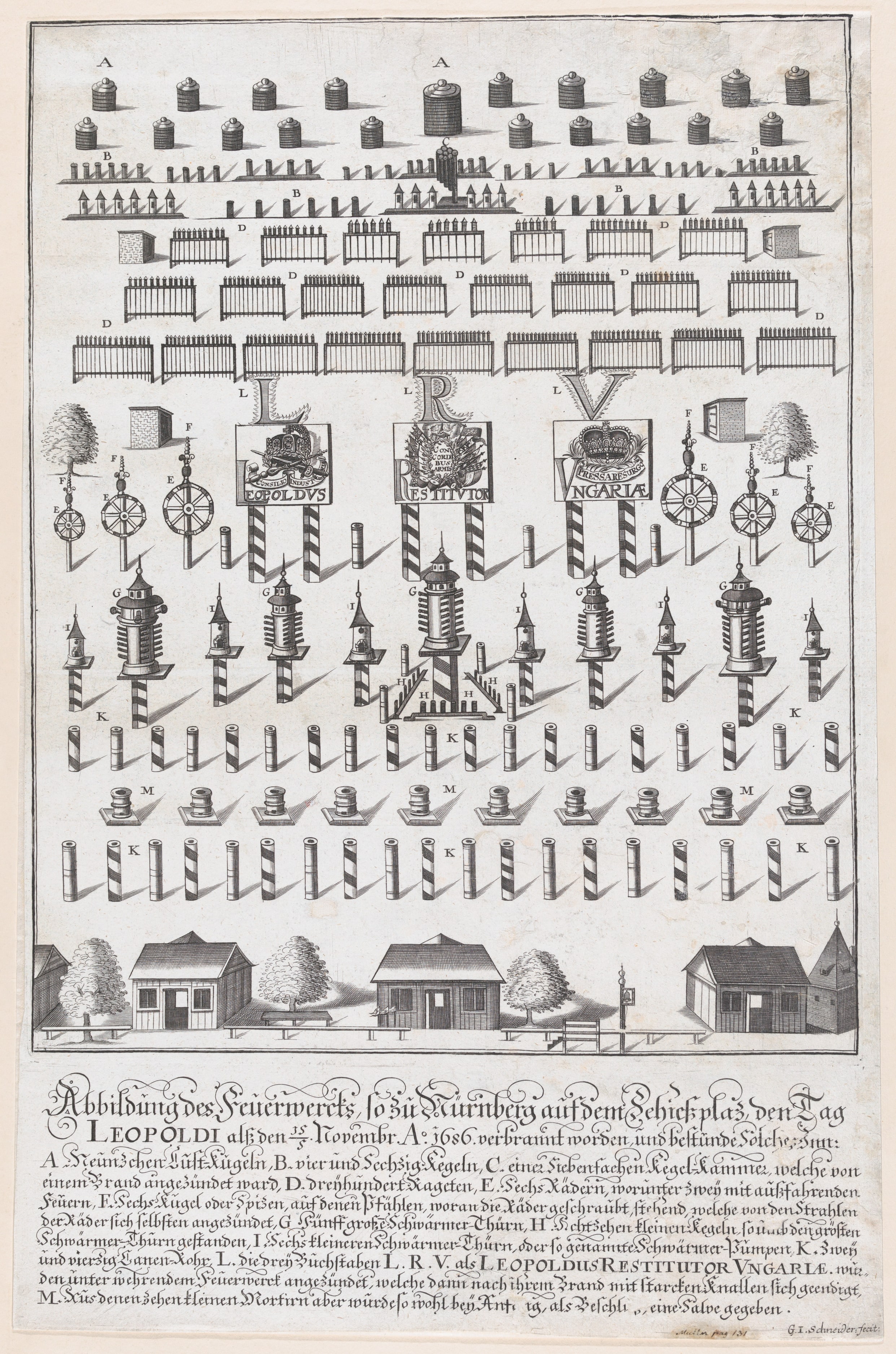 Plan for the fireworks display in honor of Emperor Leopold, Nuremberg, November 15, 1686