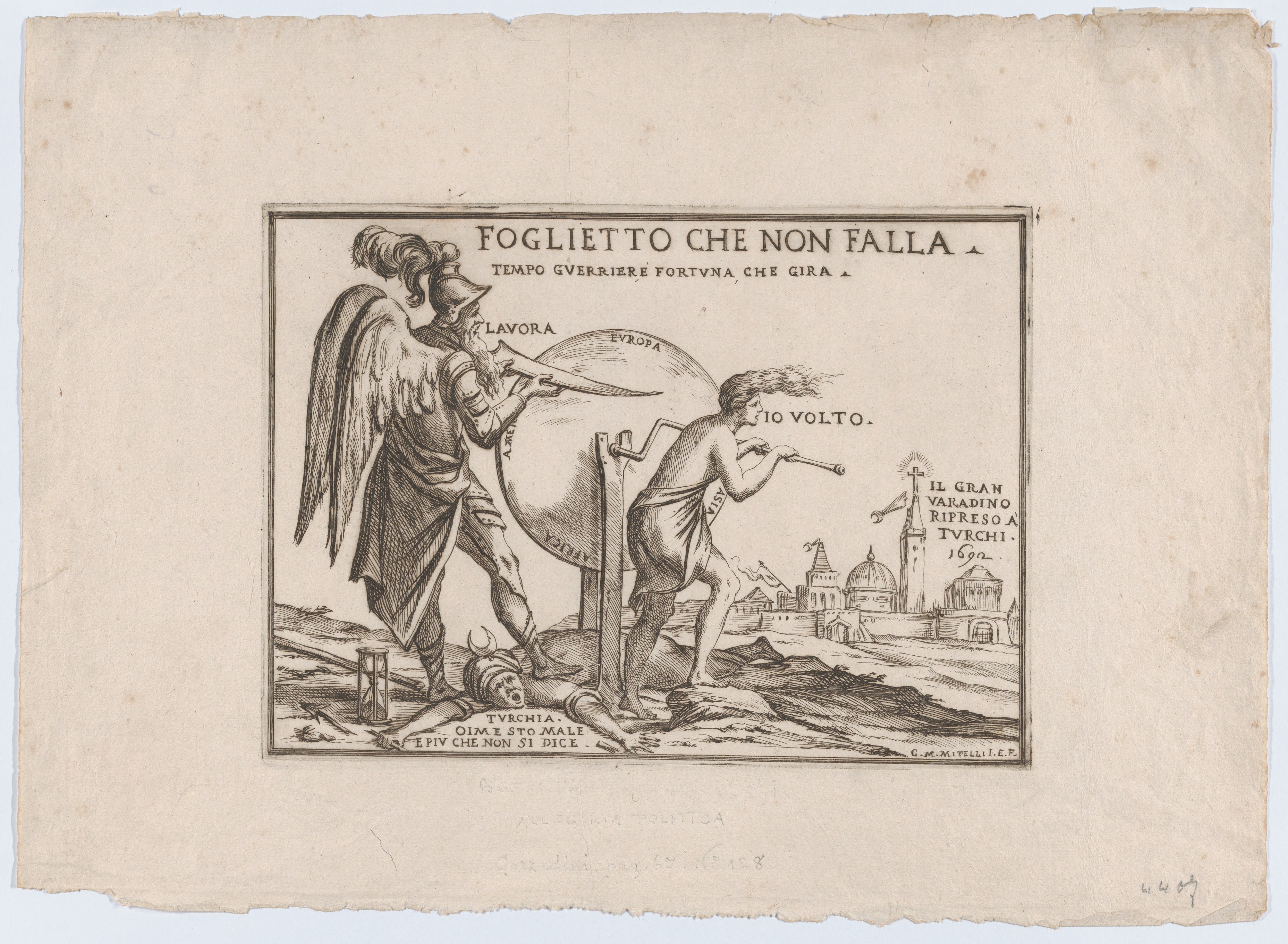 An allegory relating to the fortunes of the Turks, a winged figure probably representing Time stands on a fallen Turk while sharpening a blade on a wheel inscribed with the continents that is being turned by a semi-dressed figure, at right the city of Vardino (northwest Romania near the Hungarian border) that was held by the Turks from 1660 to 1692.