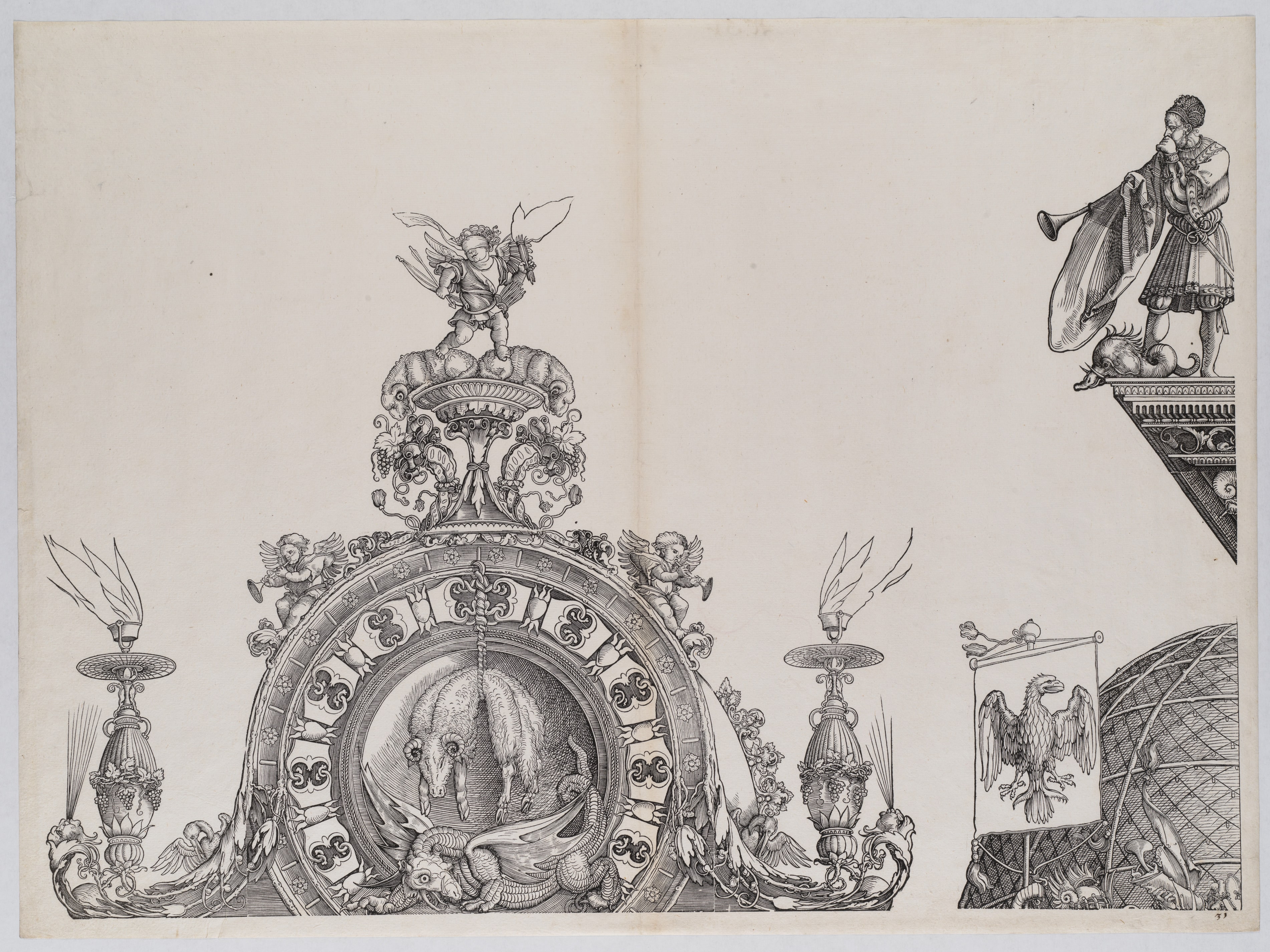 The Pinnacle of the Left Portal; and a Trumpeter and Standard from the Cupola of the Central Portal, from the Arch of Honor, proof, dated 1515, printed 1517-18
