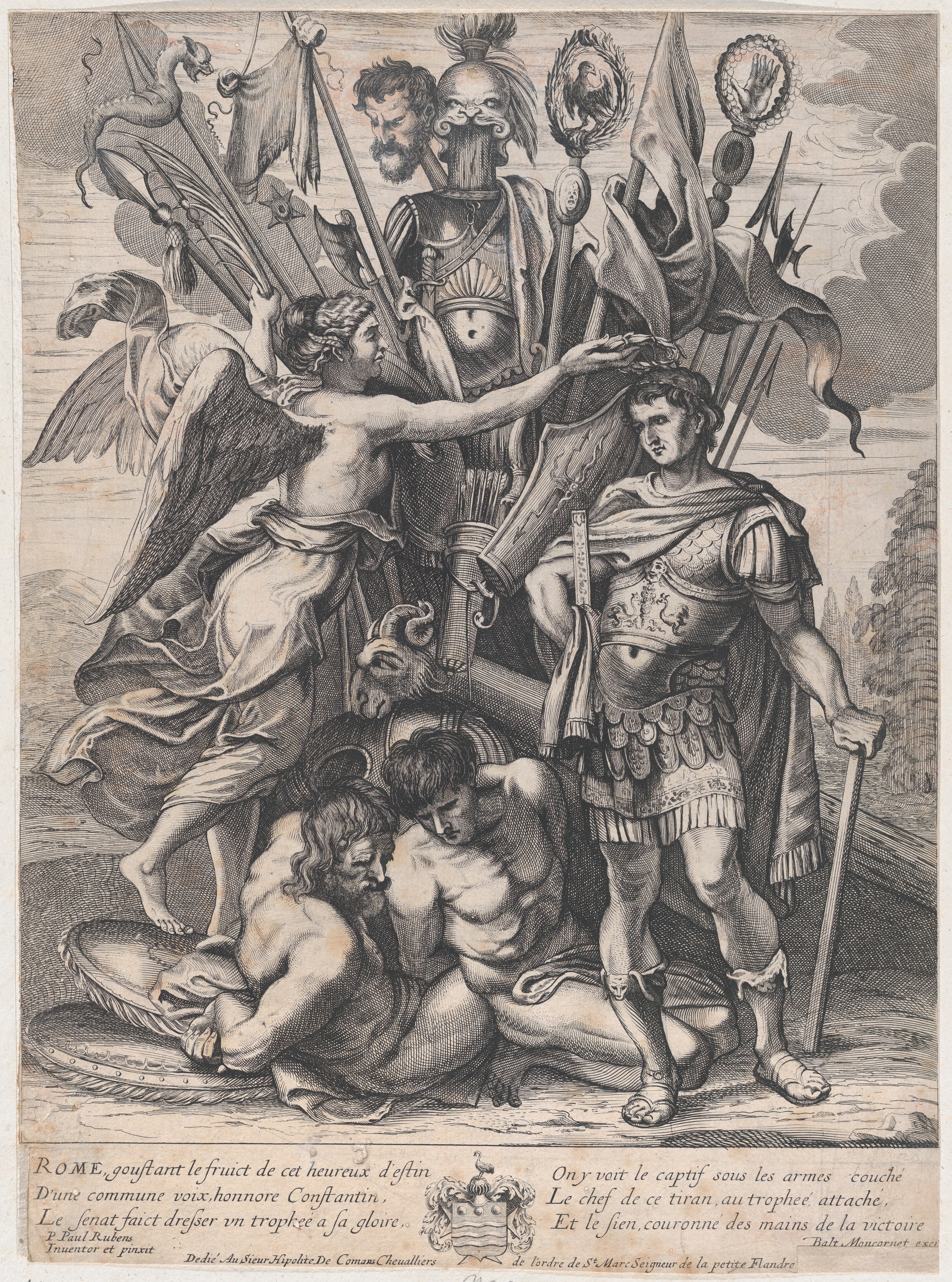 The Trophy of Constantine, with Victory at left crowning the emperor with a laurel, behind them a bounty of arms, armor, prisoners, and Maxentius' head on a stick