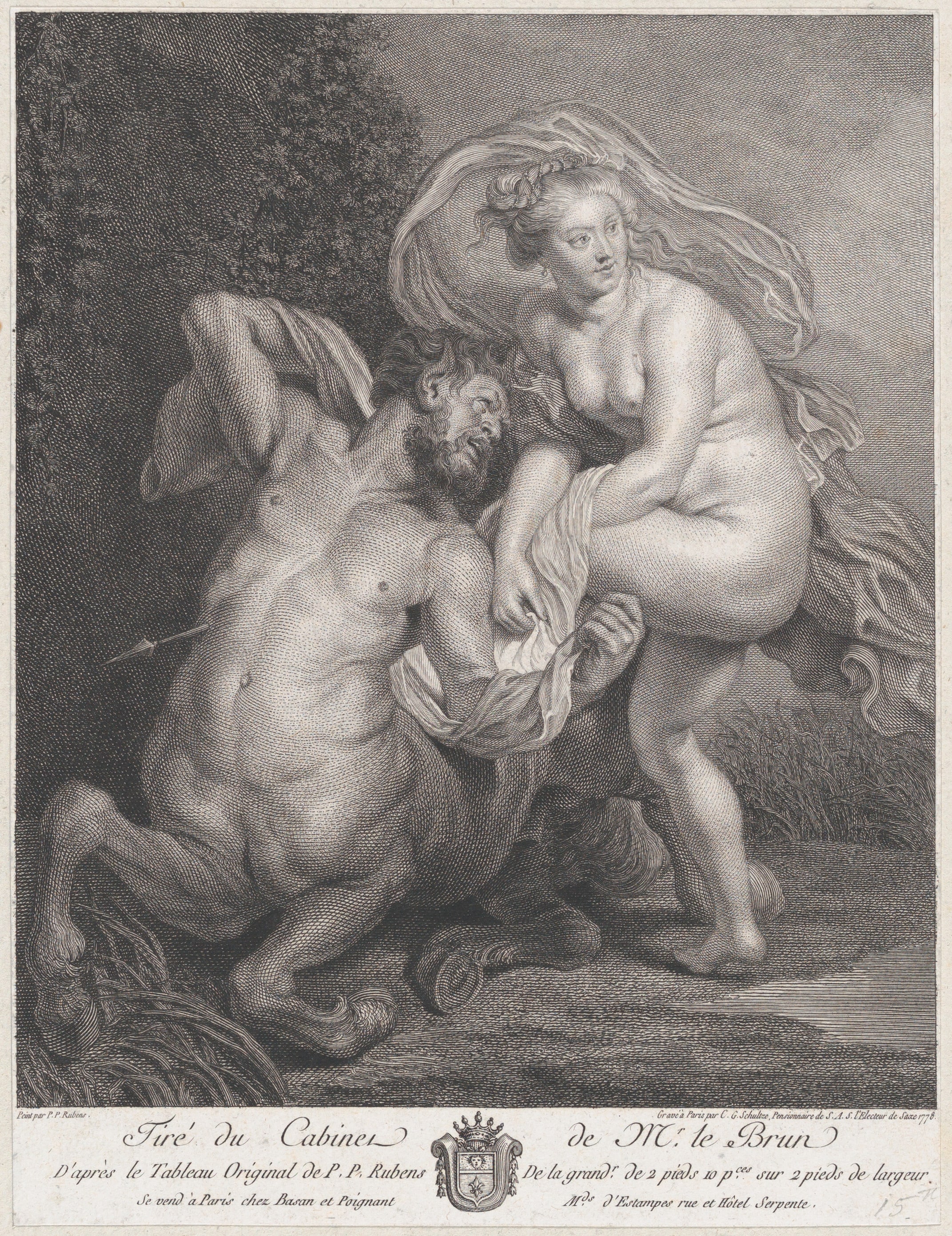 Deianeira receiving the poisoned tunic from Nessus, and the wounded centaur falling to the ground at left