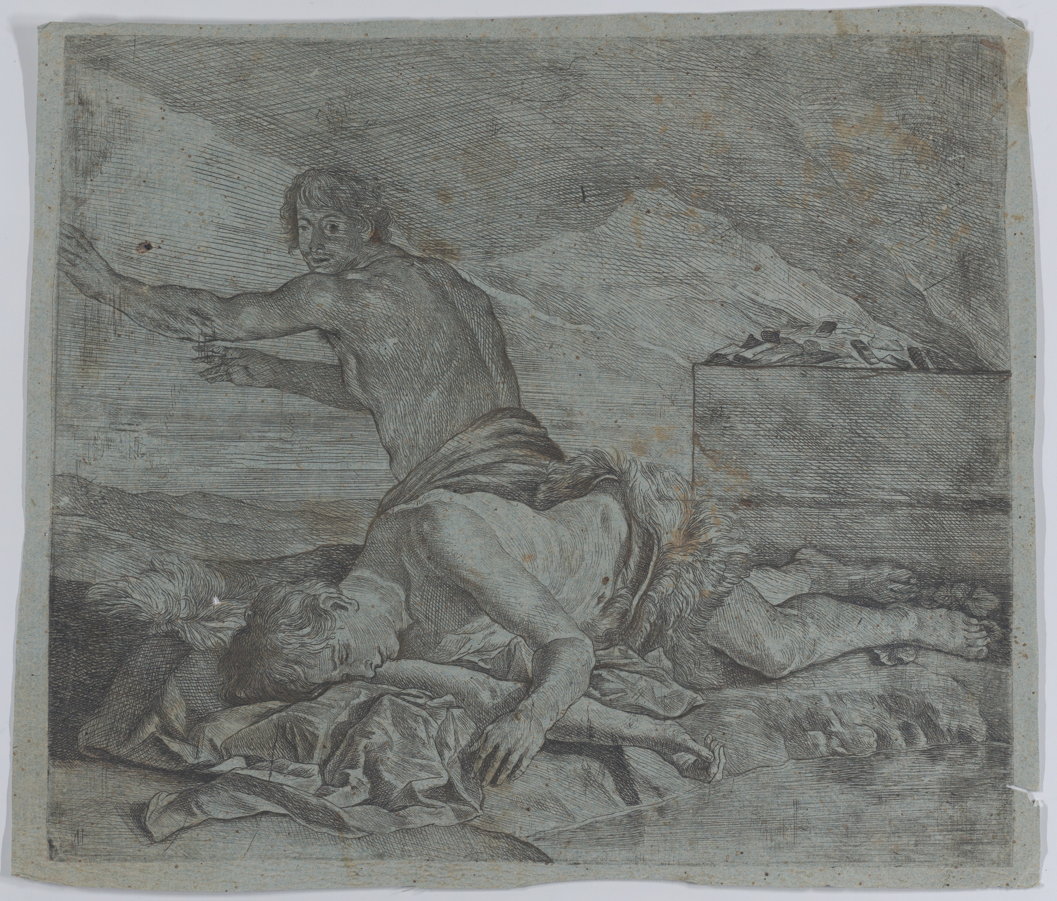 Cain fleeing after having slain Abel