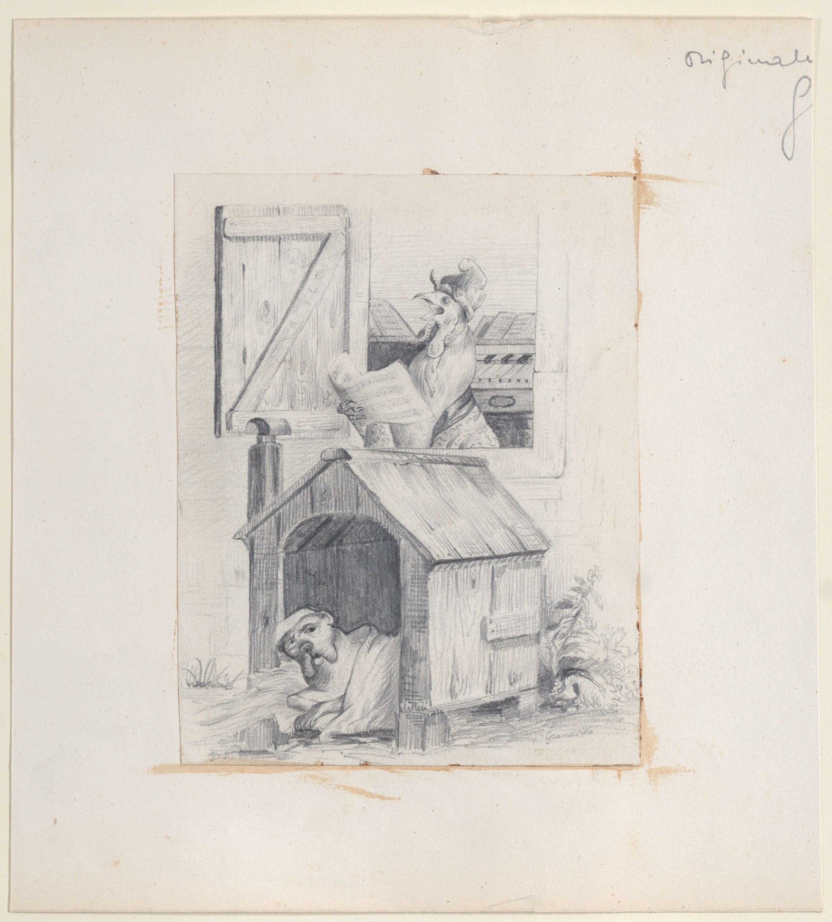 Dog in doghouse; cock singing at window