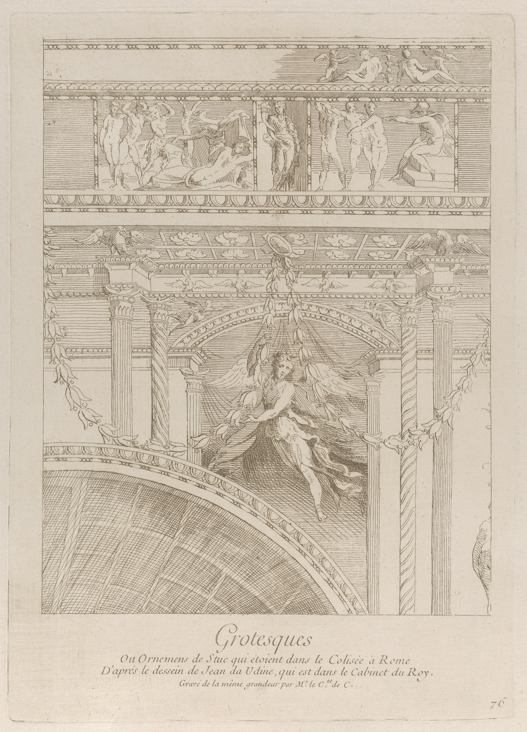 Grotesques: detail of the stucco reliefs decorating the Colosseum in Rome, with a winged figure hovering between two pairs of columns