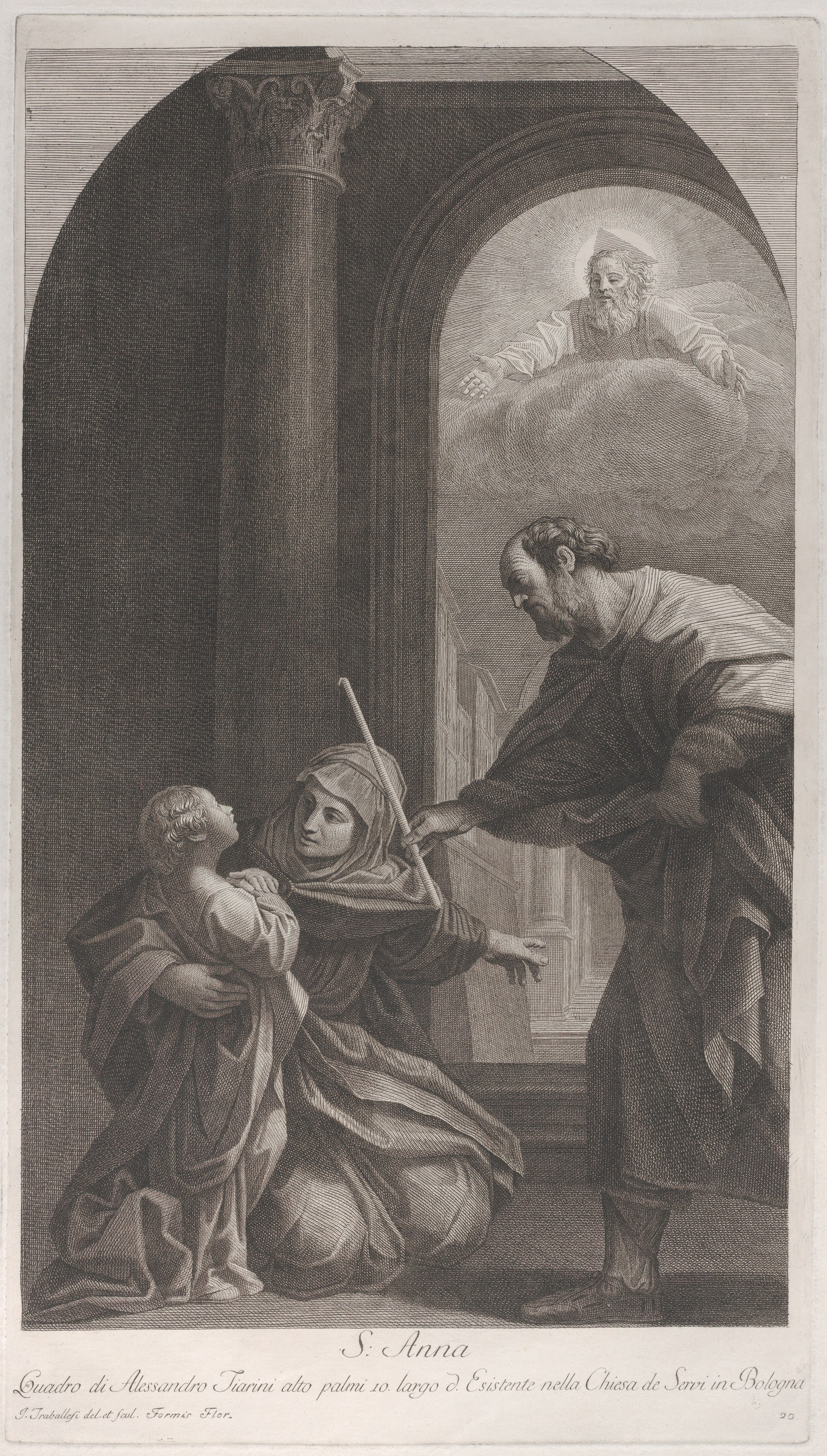 Saint Anne kneeling holding the Virgin, with Saint Joachim holding his staff at right