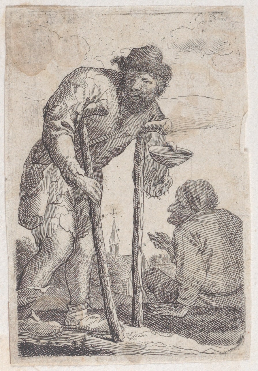A beggar on crutches holding out a bowl