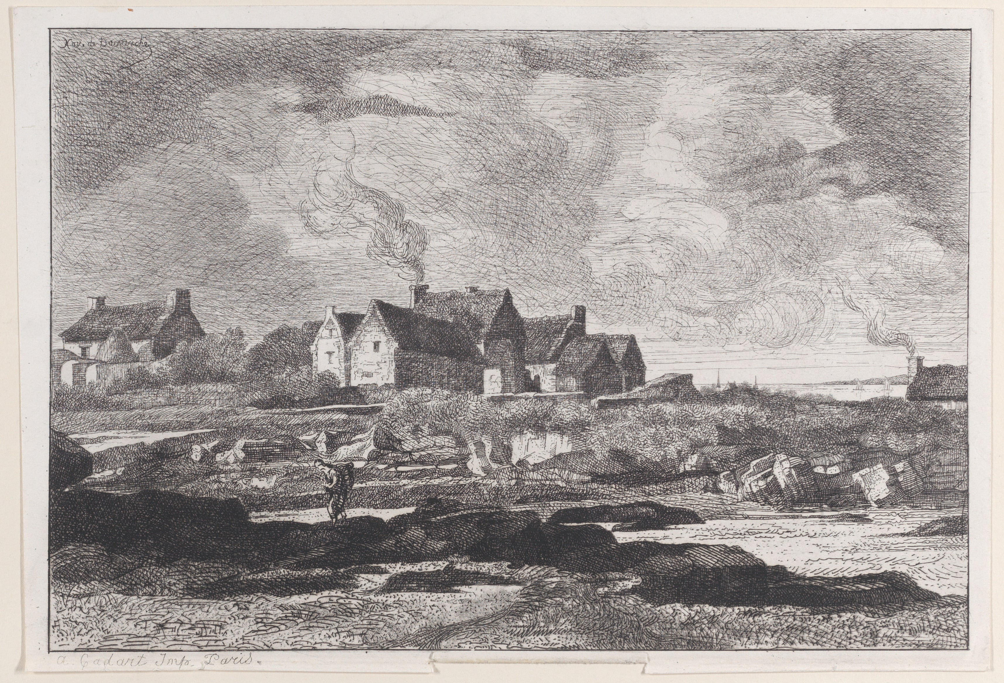 Country landscape with a river running at right and houses in the background