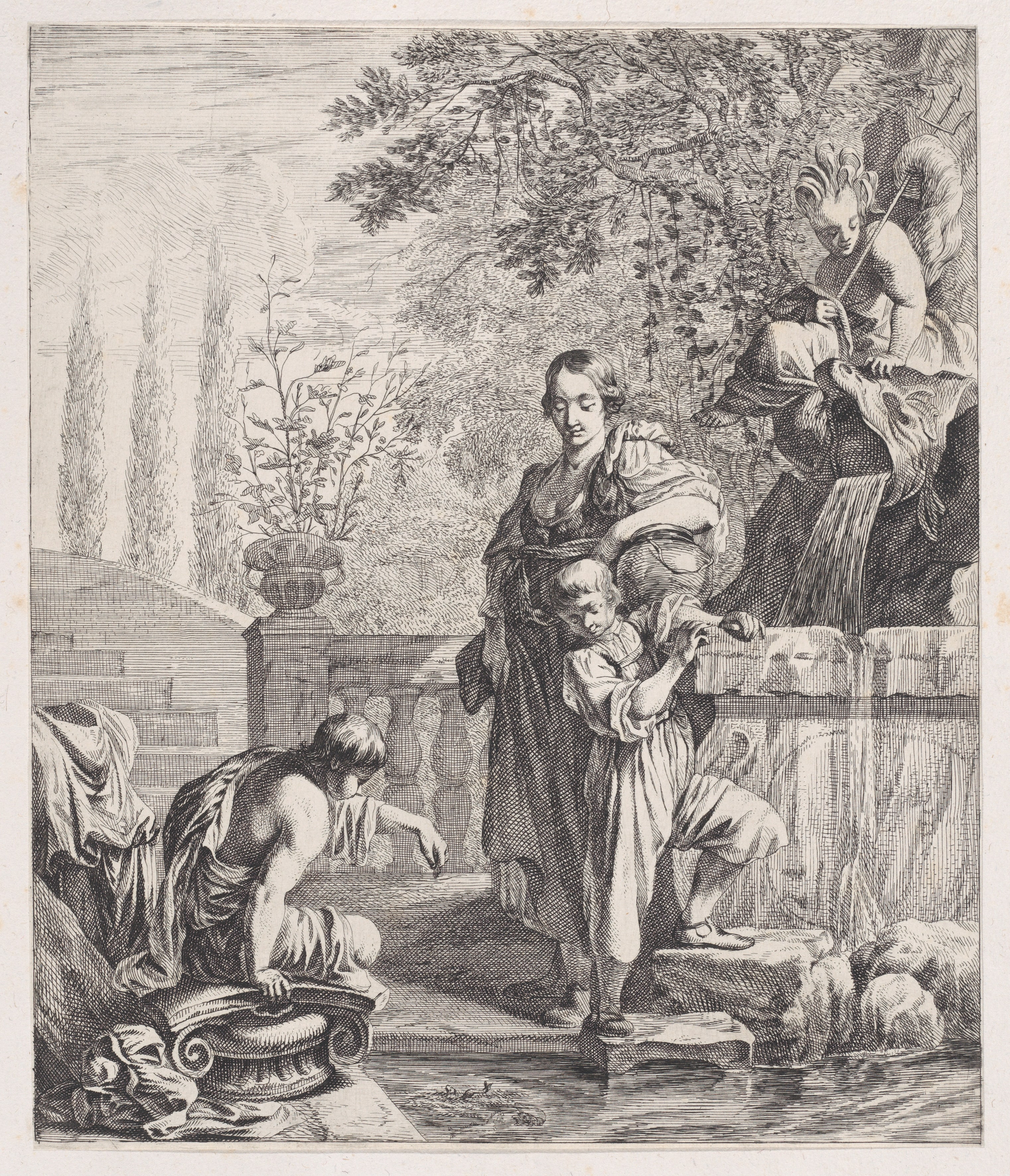 Standing Woman with a Child near a Fountain