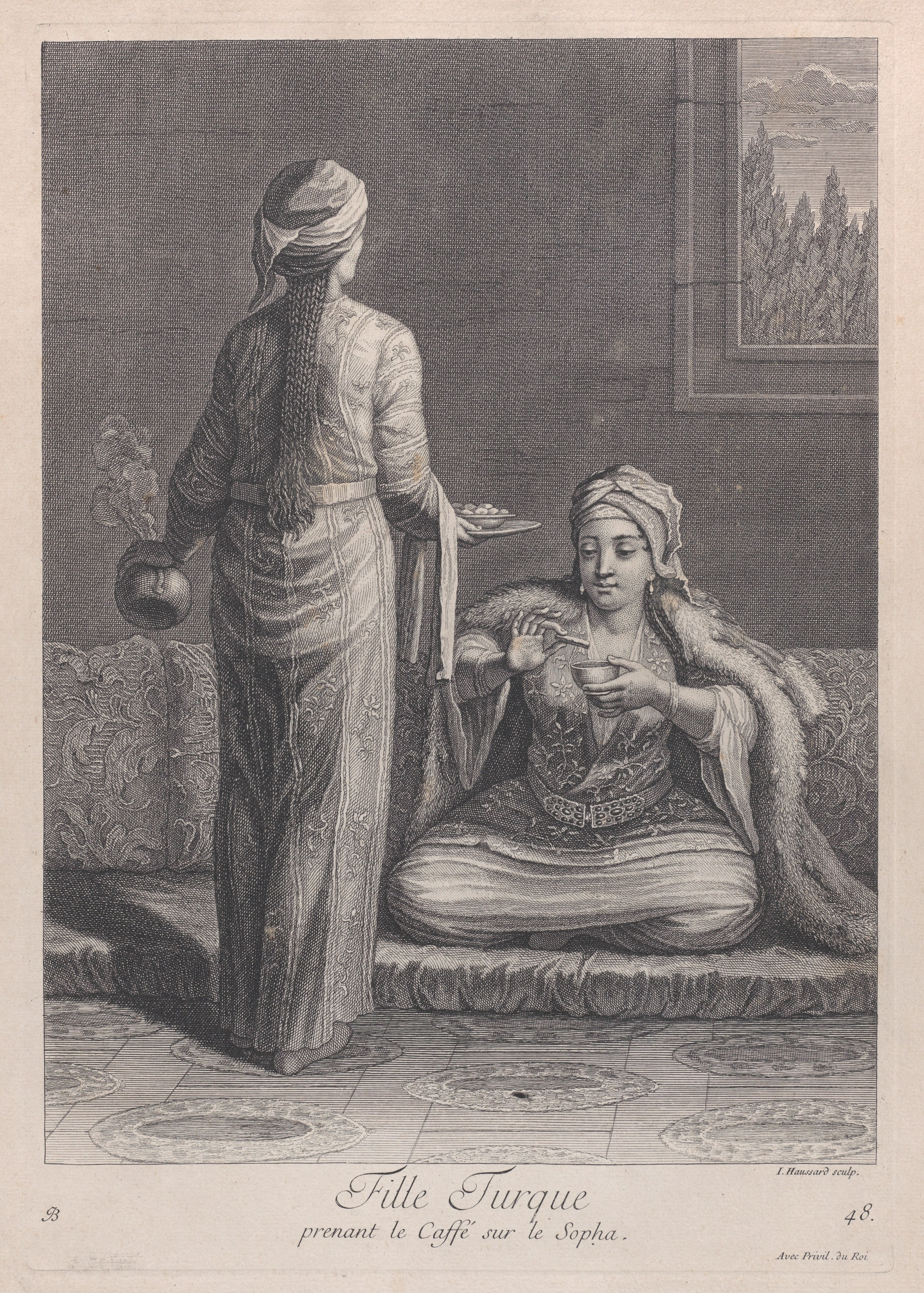 Fille Turque, prenant le Caffé sur le Sopha, plate 48 from "Recueil de cent estampes représentent differentes nations du Levant"