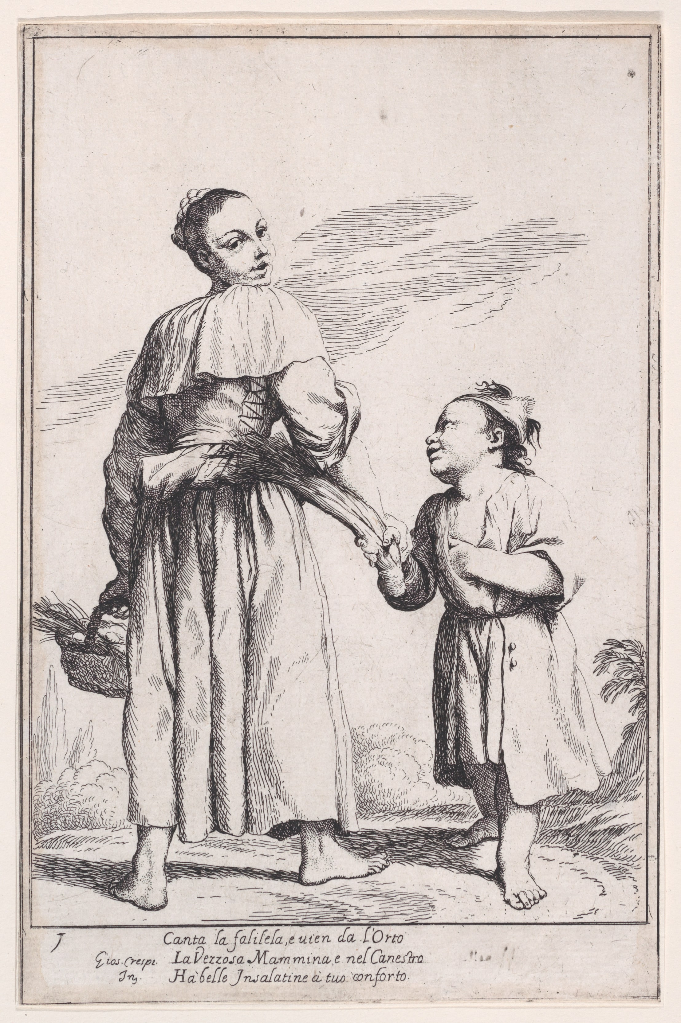 Plate 15: Menghina leaving the garden with a basket filled with herbs and encountering Cacasenno, from "Bertoldo, Bertoldino, and Cacasenno"