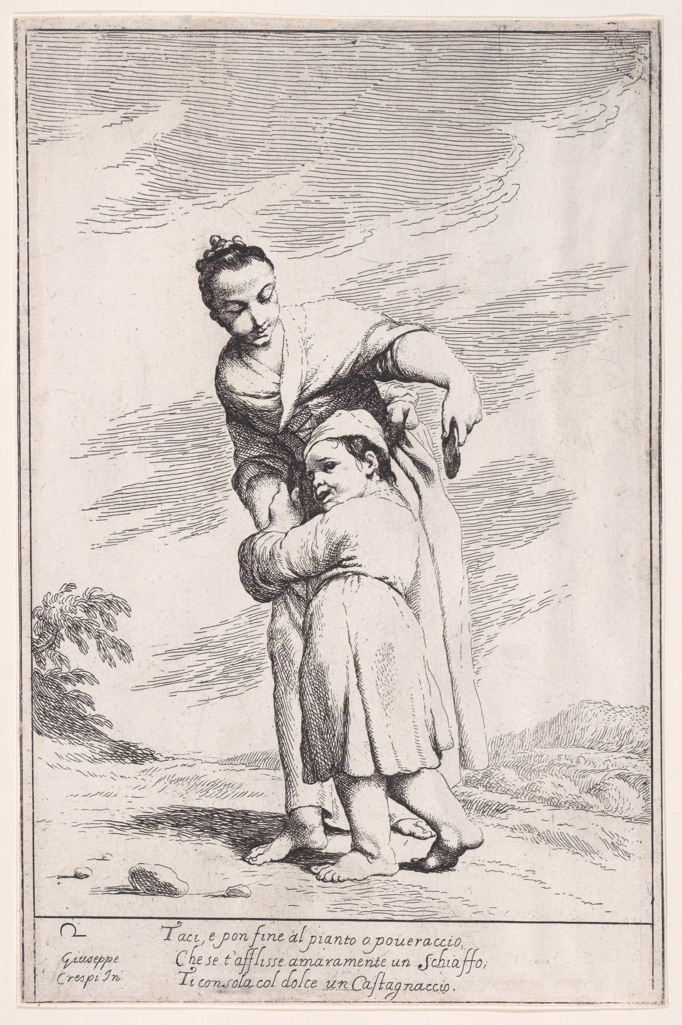 Plate 16: Menghina quiets Cacasenno with a chestnut cake, from "Bertoldo, Bertoldino, and Cacasenno"