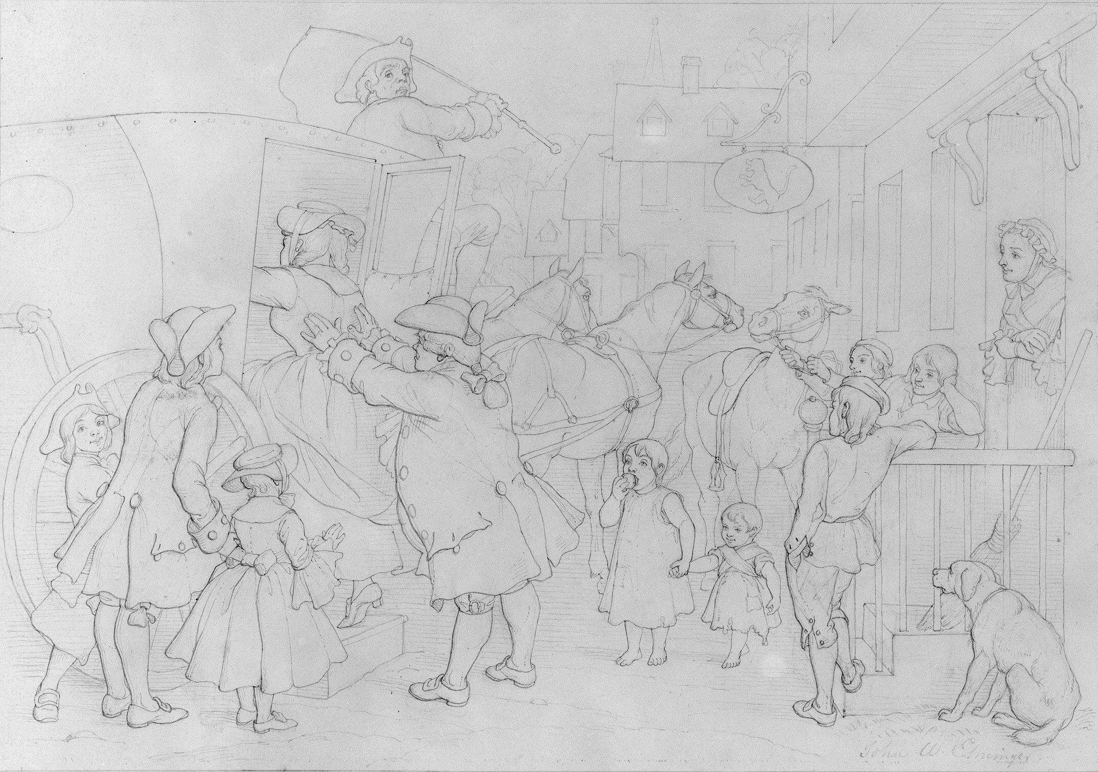 Illustration to William Cowper's Poem "The Diverting History of John Gilpin": John Gilpin Sends His Wife and Family before Him to the Church to Renew Their Wedding Vows